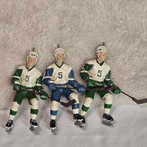 Lot of 3 Vintage Hockey Player Ornaments – Green & Blue Uniforms #5 Resin Figure